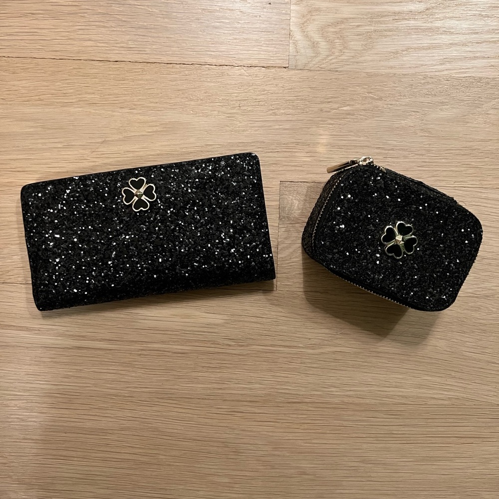 Kate spade black glitter with clover pendant, wallet, and jewelry case set.